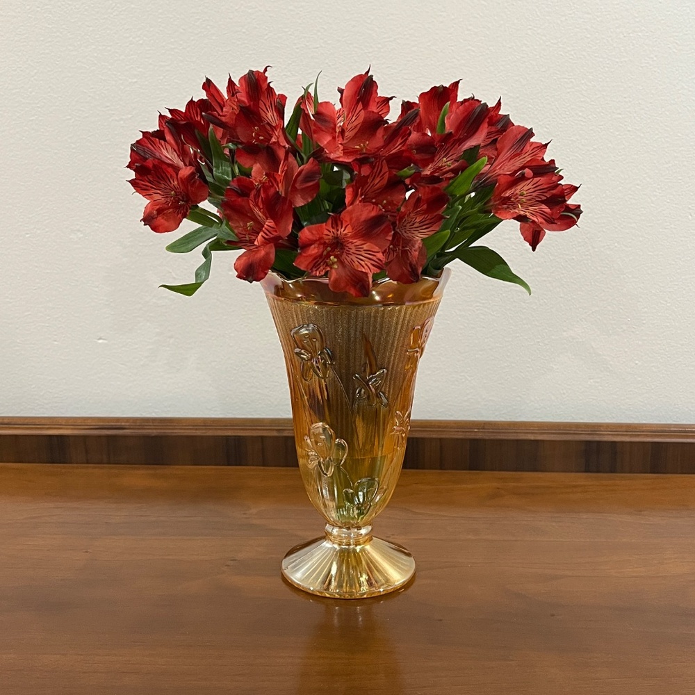 Vintage Jeanette Glass Iris and Herringbone Marigold Iridescent 9" Vase